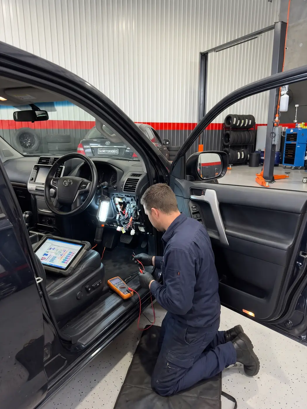 Mechanic testing a car's wiring with a diagnostic tablet