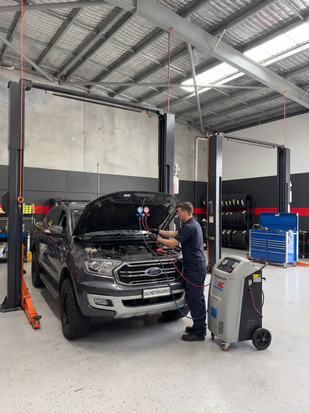 Mechanic re-gassing a Ford Ranger's air conditioning