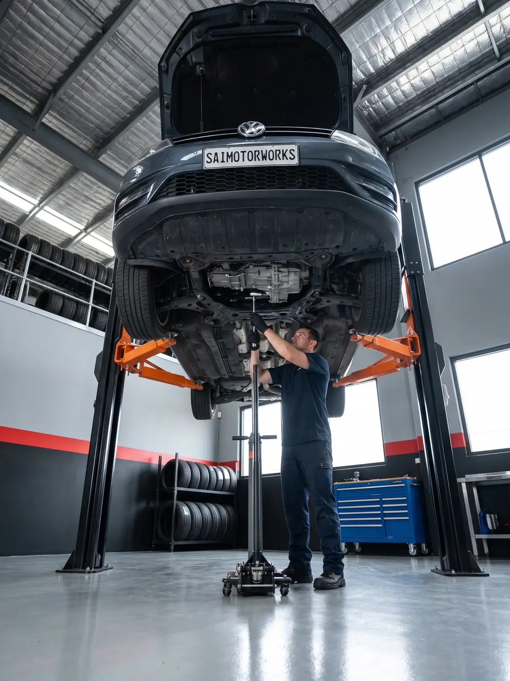 Mechanic working under a car raised on a hoist