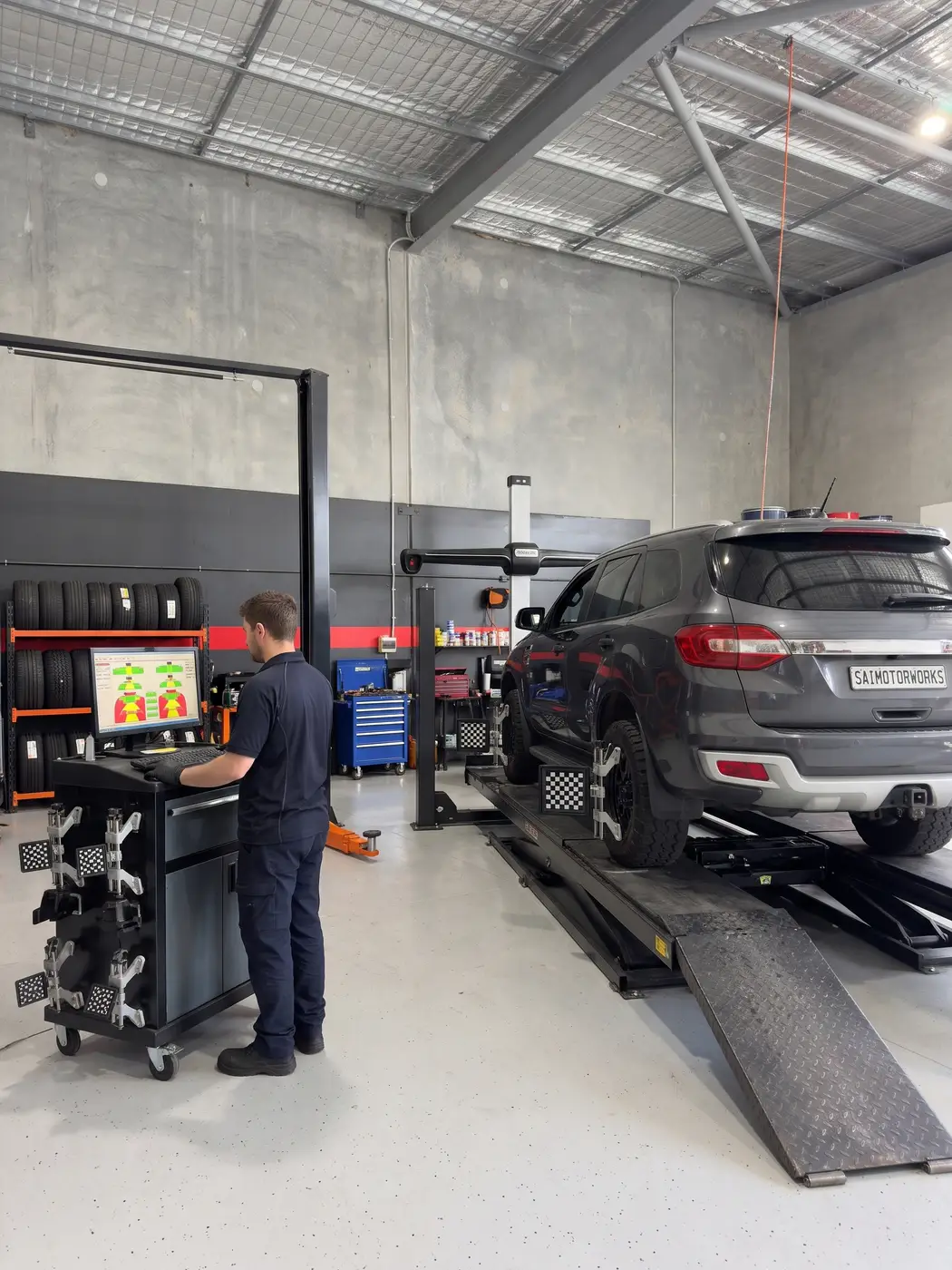 Mechanic running a wheel alignment on an SUV